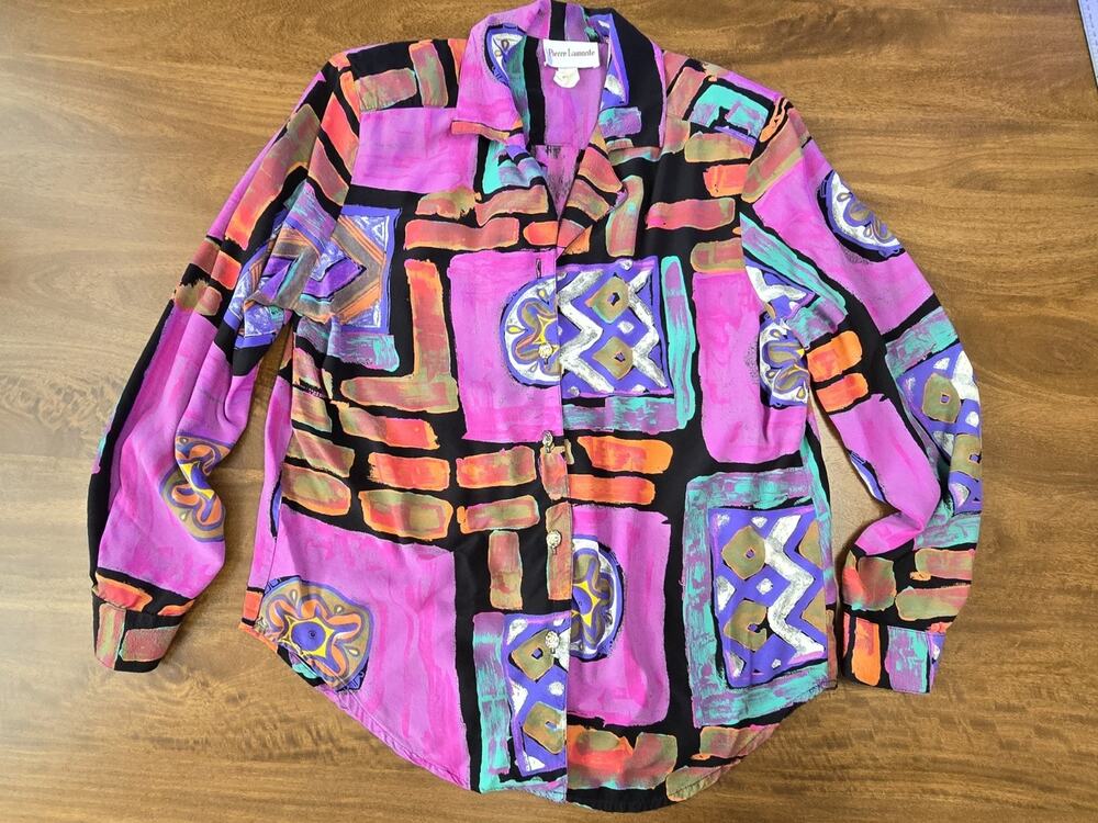 Vintage 80s 90s Pierre Lamonte Geometric Abstract Blouse Top Vibrant Pink L XL